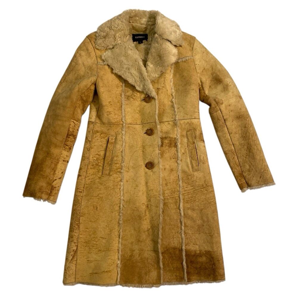 Leather Coat Women’s Small Beige Fur Lined Distress Cork Print Vintage Inspired